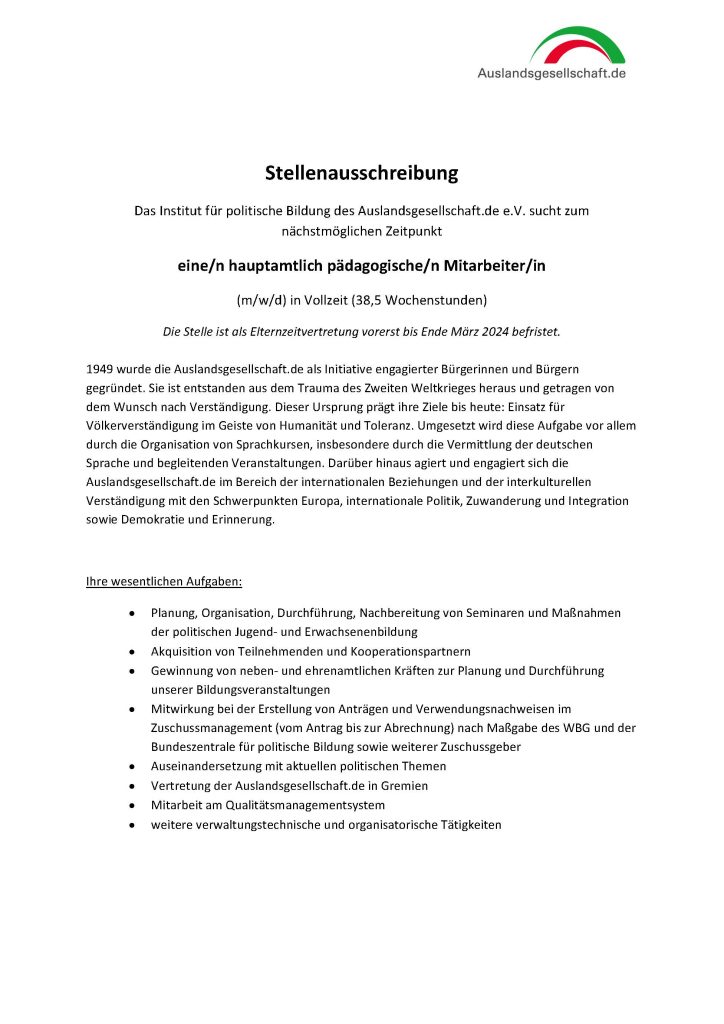 Mitarbeiter gesucht | hauptamtlich pädagogische/r Mitarbeiter/in | Auslandsgesellschaft.de