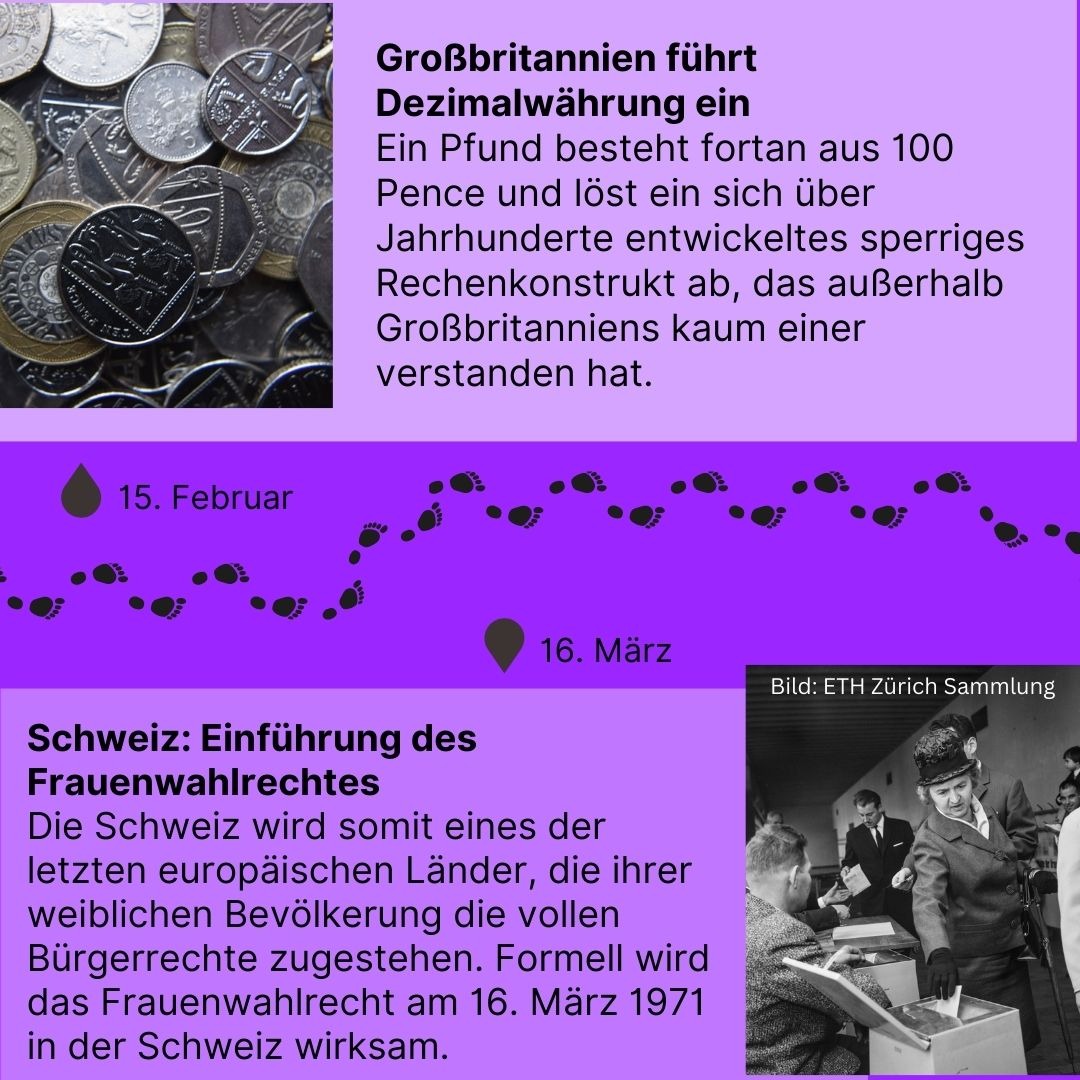 Zeitreise 1971 | Großbritannien führt Dezimalwährung ein und Einführung des Frauenwahlrechts in der Schweiz
