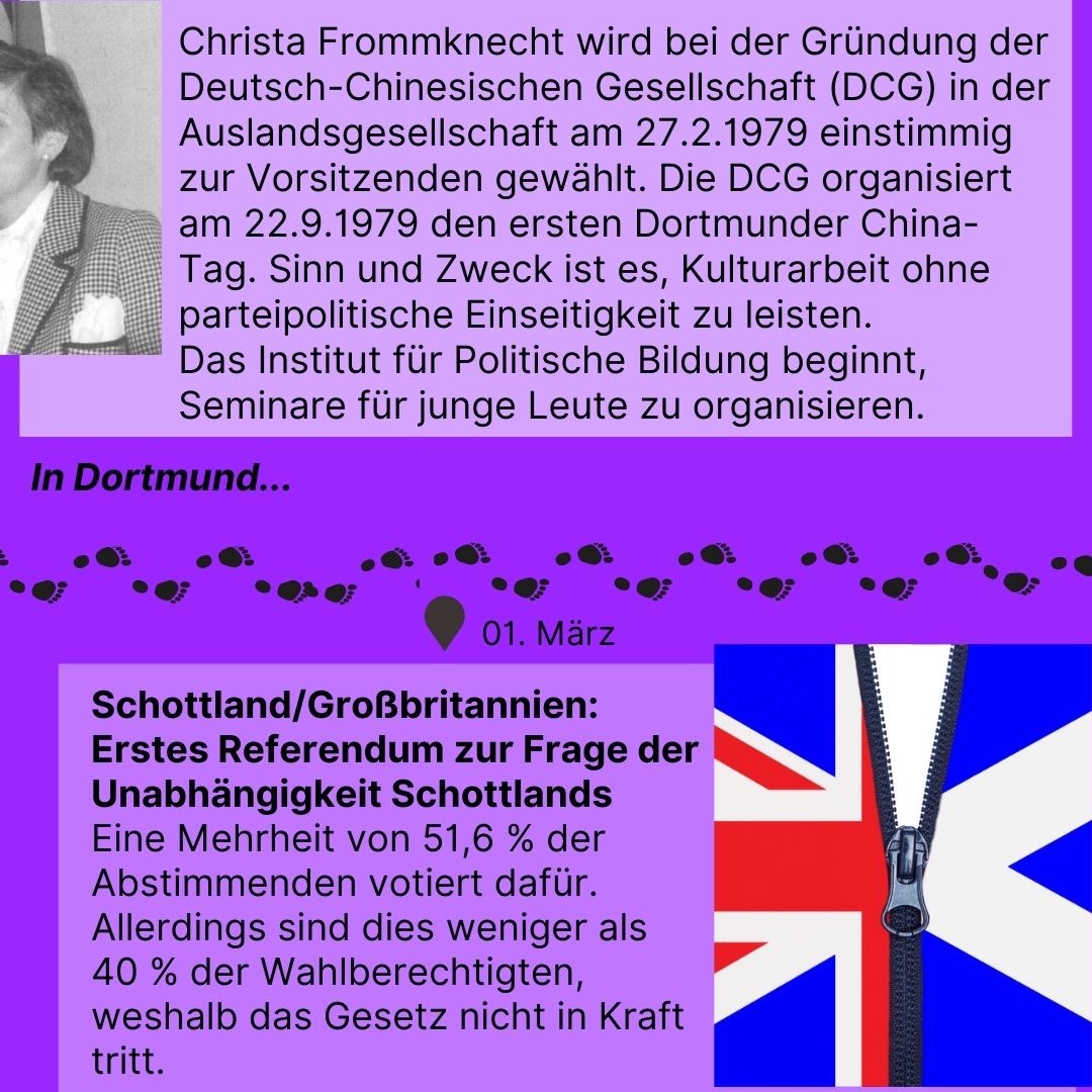 Zeitreise 1979 | Christa Frommknecht neue Vorsitzende der Deutsch-Chinesischen Gesellschaft und erstes Referendum zur Unabhängigkeit Schottlands