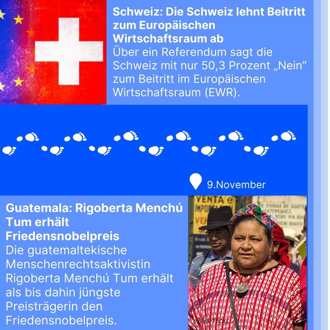 Zeitreise 1992 | Die Schweiz lehnt Beitritt zum Europäischen Wirtschaftsraum ab und Rigoberta Menchu Tum erhält Friedensnobelpreis